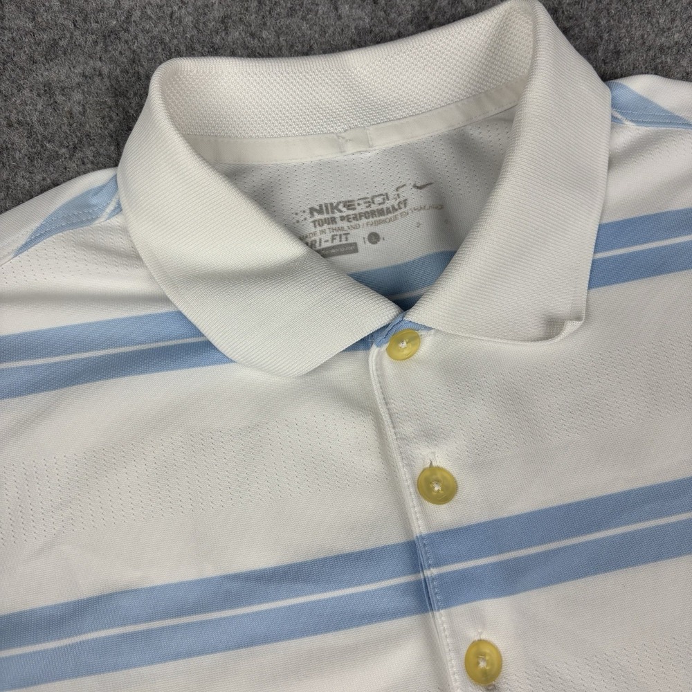 Nike Golf Polo Shirt Mens Large White Blue Dri-Fit Tour Performance Short Sleeve